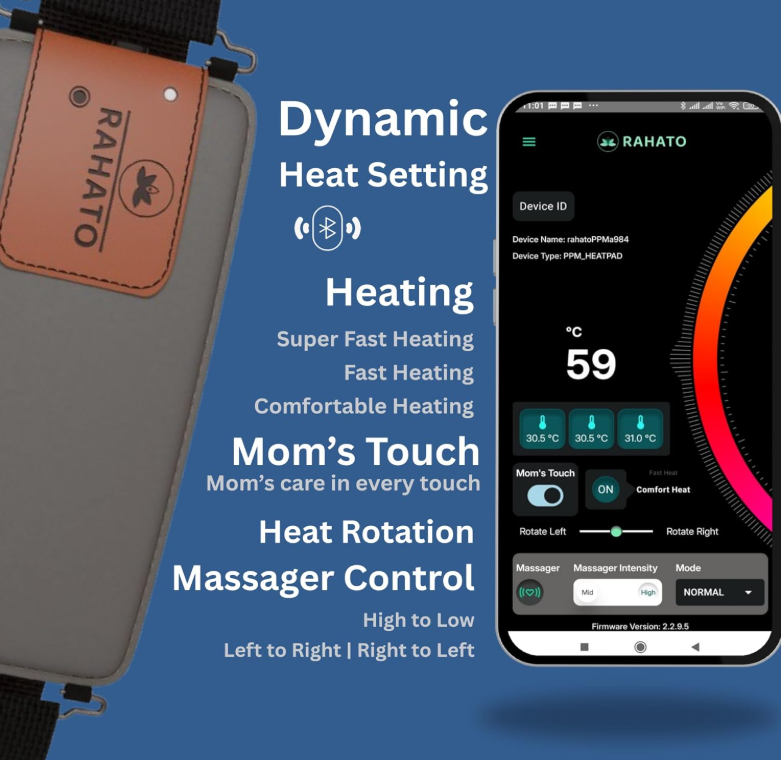Rahato app with dynamic heat, Mom's Touch, and massager controls
