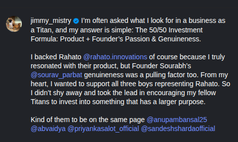 Jimmy Mistry on investing in Rahato