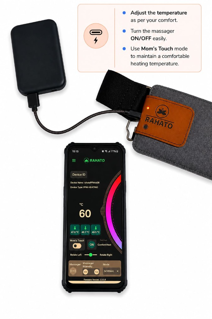 Rahato app controls for temperature, massage, and Mom's Touch mode