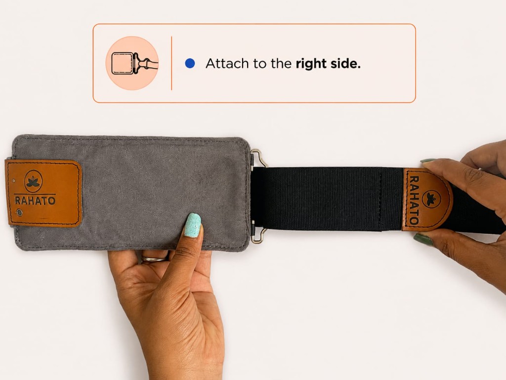 Attach the belt to the right side of the heating pad
